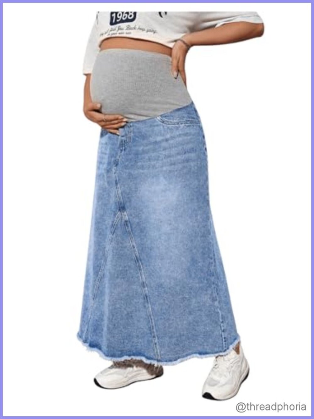 Maternity High Waist Denim Maxi Jean Skirt Raw Hem A Line Elastic Waist